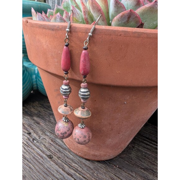 Vintage Wood Bead Dangle Earrings: Bohemian Earrings - Picture 1 of 13